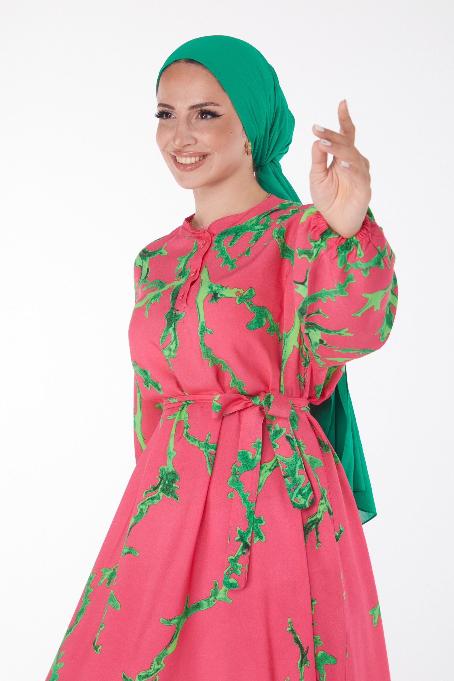 Desenli Kuşaklı Elbise Fusya - 25918 - 1