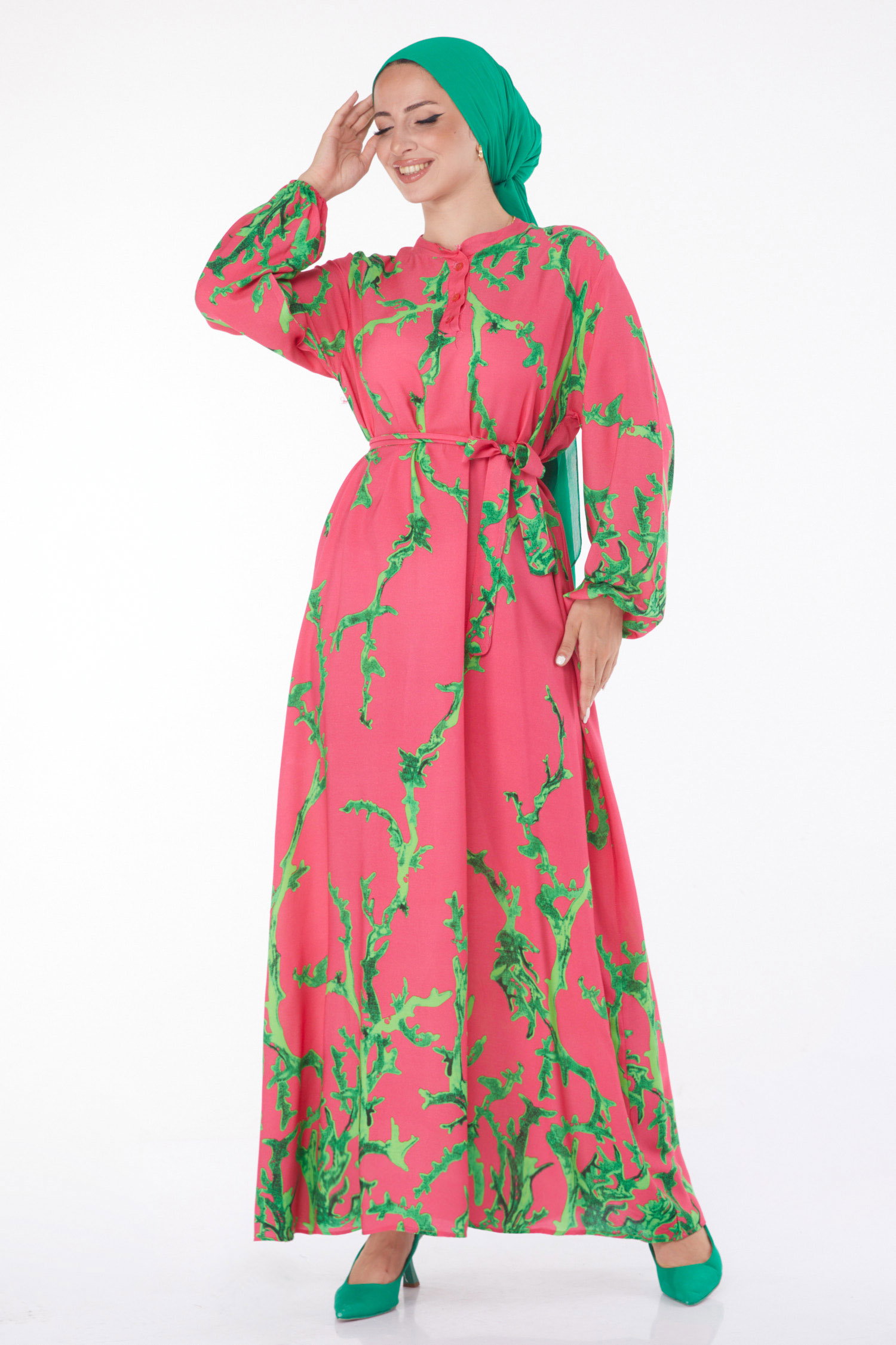Desenli Kuşaklı Elbise Fusya - 25918 - 2