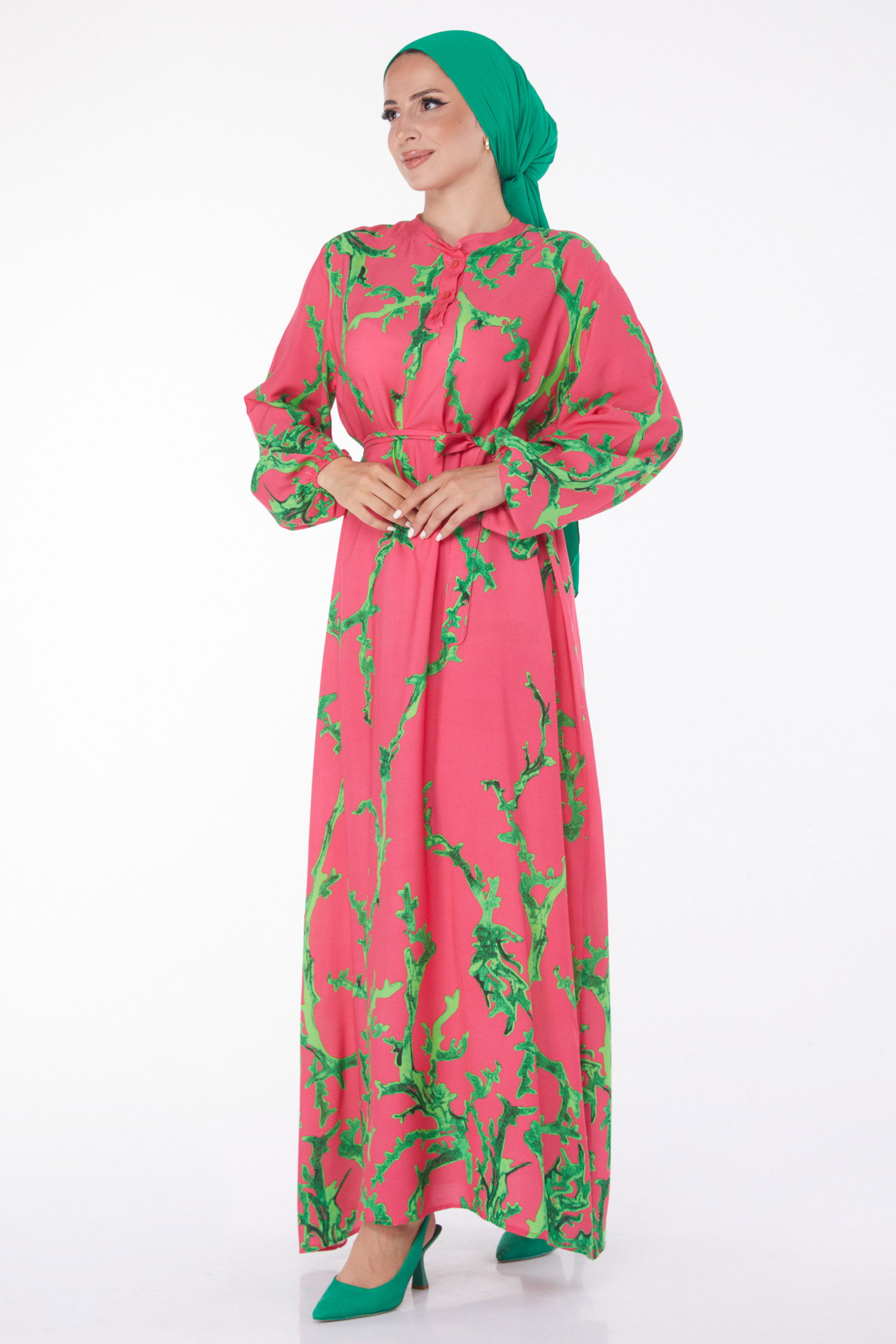 Desenli Kuşaklı Elbise Fusya - 25918 - 3