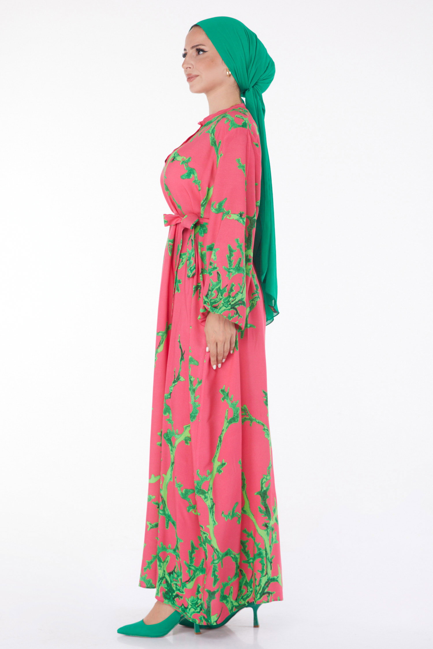 Desenli Kuşaklı Elbise Fusya - 25918 - 4
