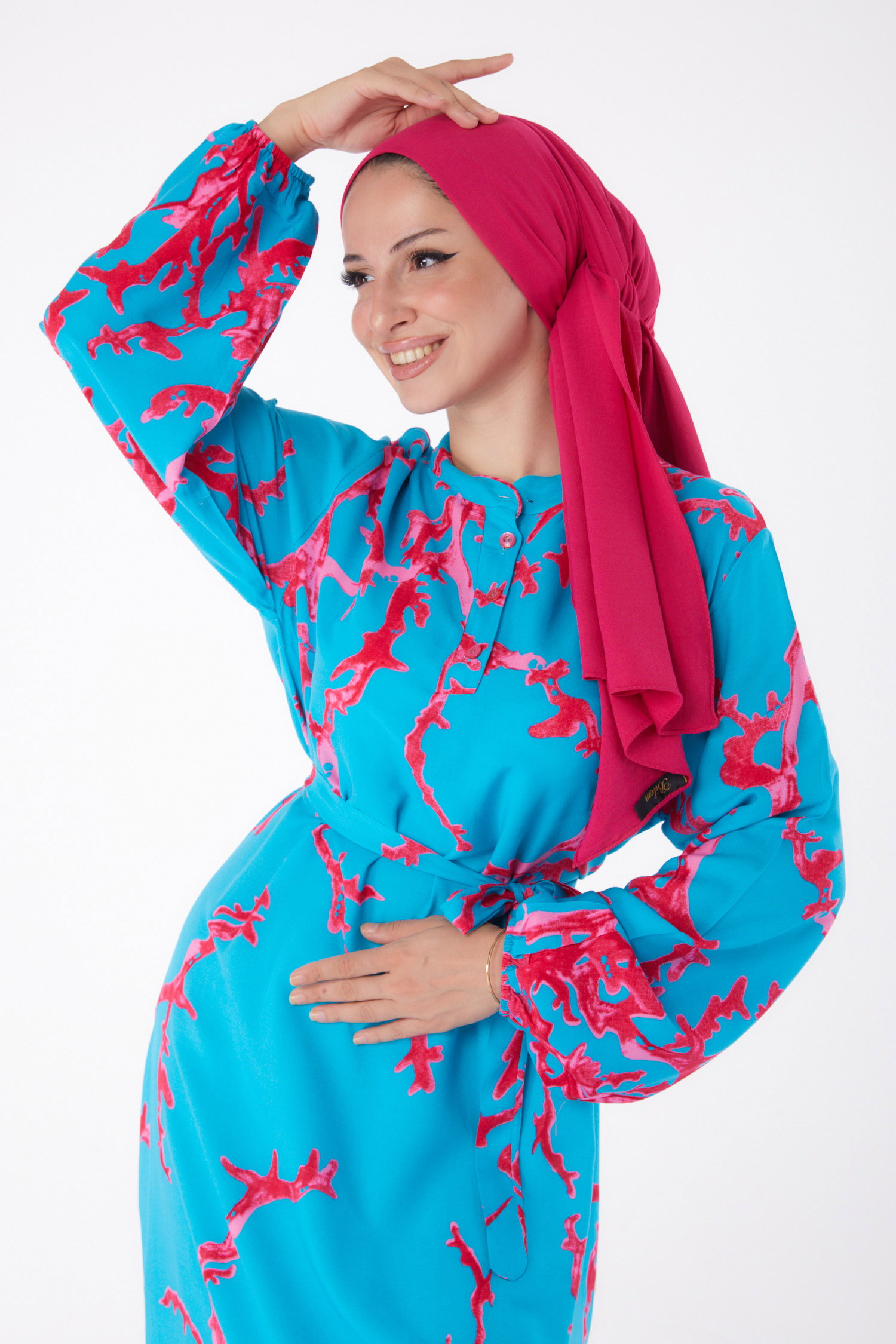 Desenli Kuşaklı Elbise Fusya - 25997 - 1