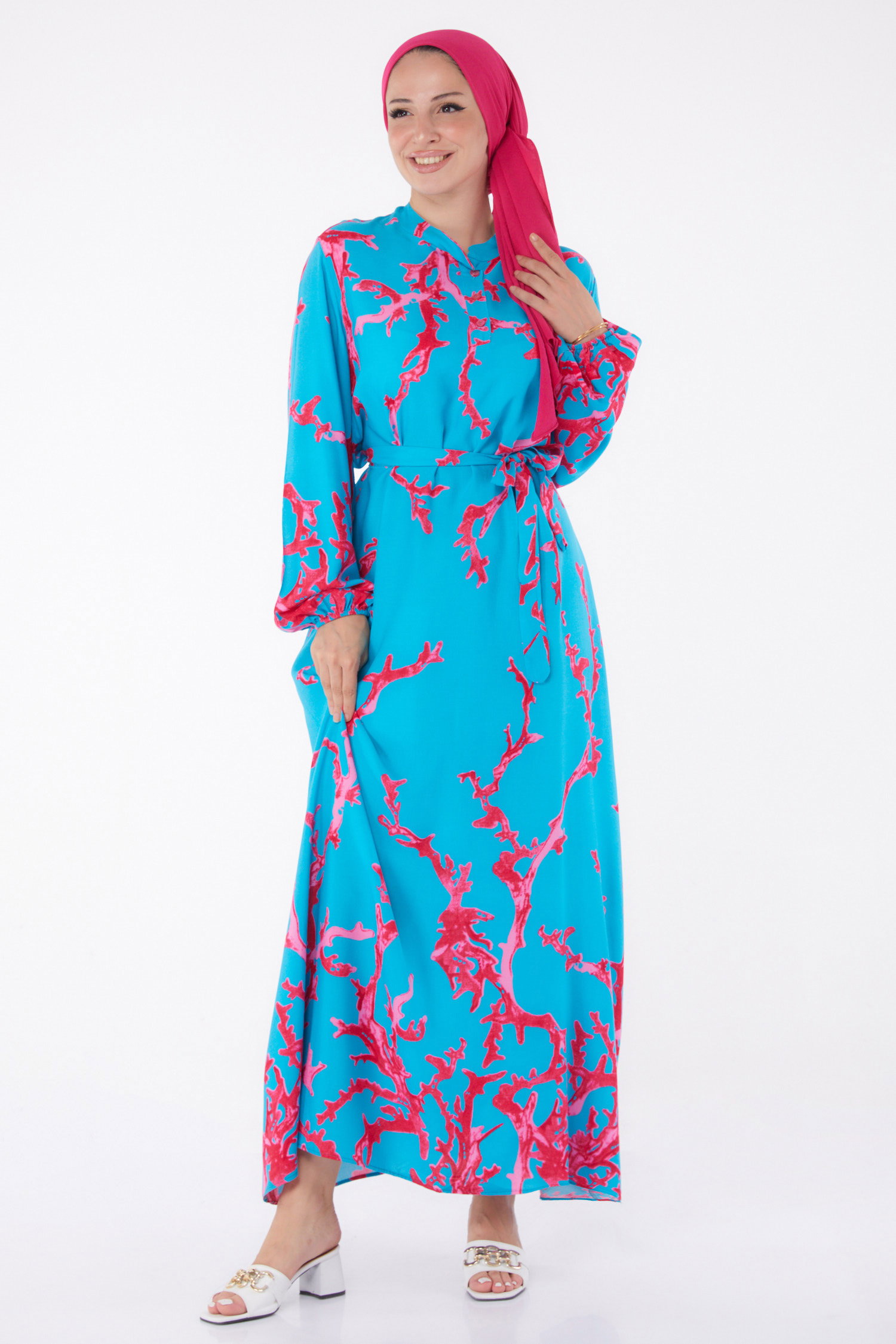 Desenli Kuşaklı Elbise Fusya - 25997 - 2
