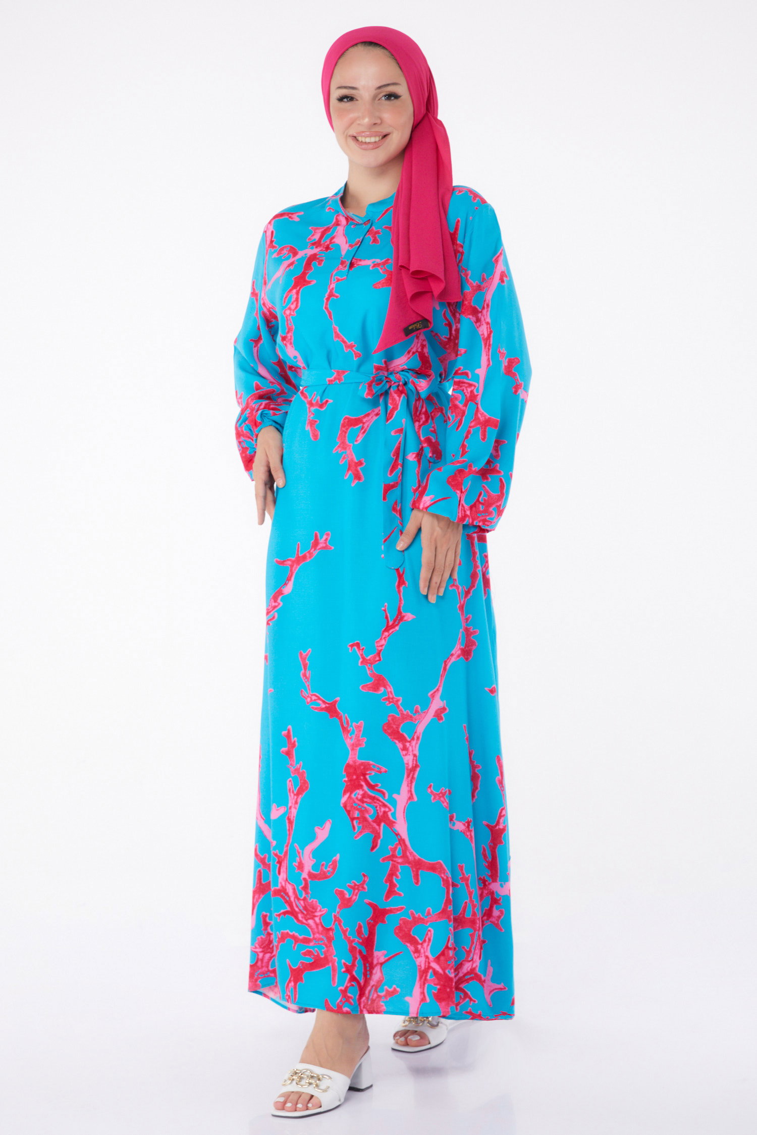 Desenli Kuşaklı Elbise Fusya - 25997 - 3