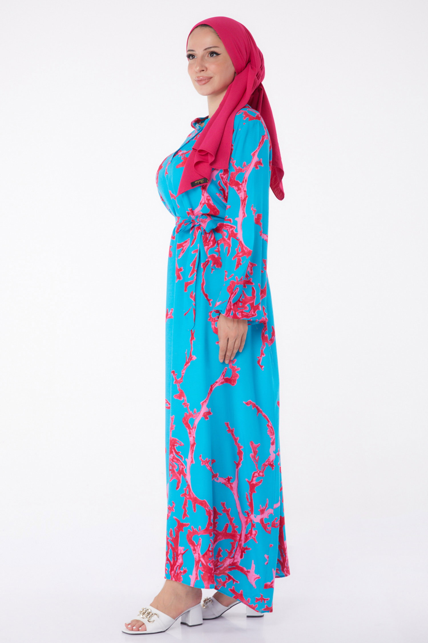 Desenli Kuşaklı Elbise Fusya - 25997 - 4