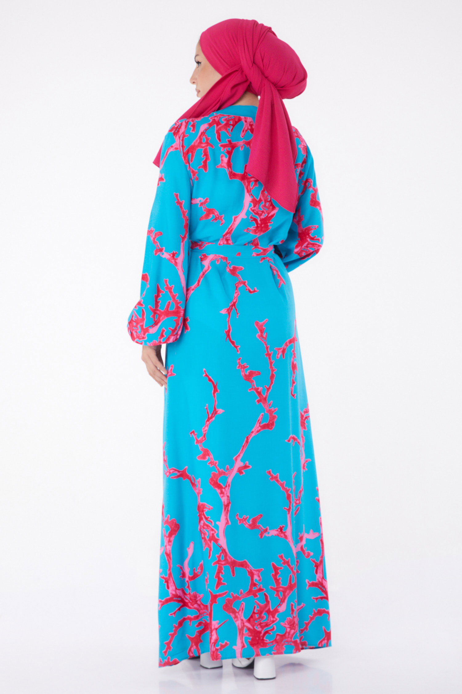 Desenli Kuşaklı Elbise Fusya - 25997 - 5