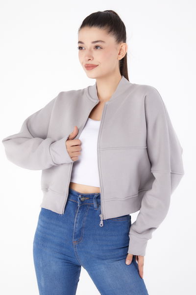 Düz Hakim Yaka Kadın Gri Fermuarlı Crop Sweatshirt - 26274 