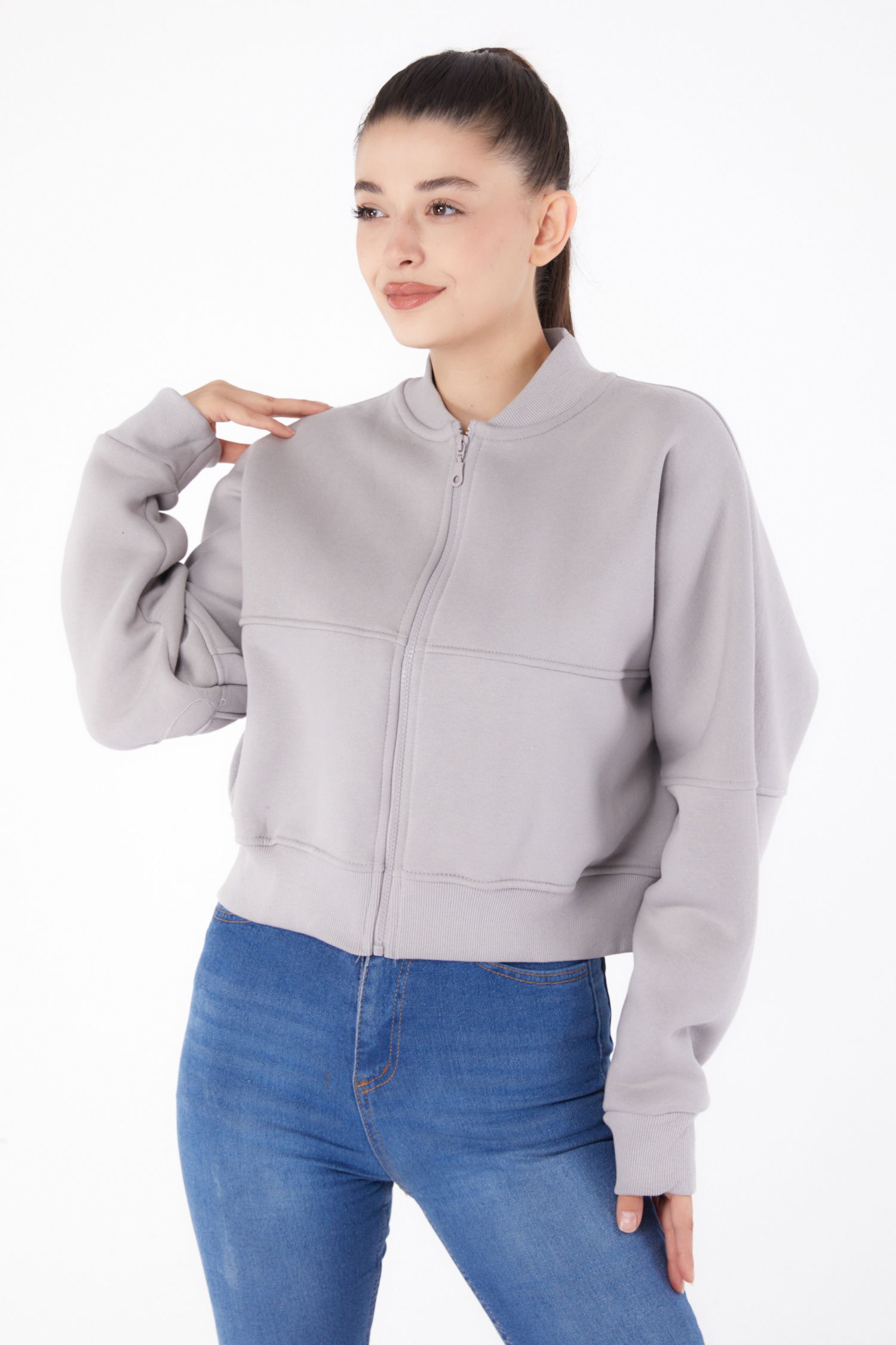 Düz Hakim Yaka Kadın Gri Fermuarlı Crop Sweatshirt - 26274 - 2