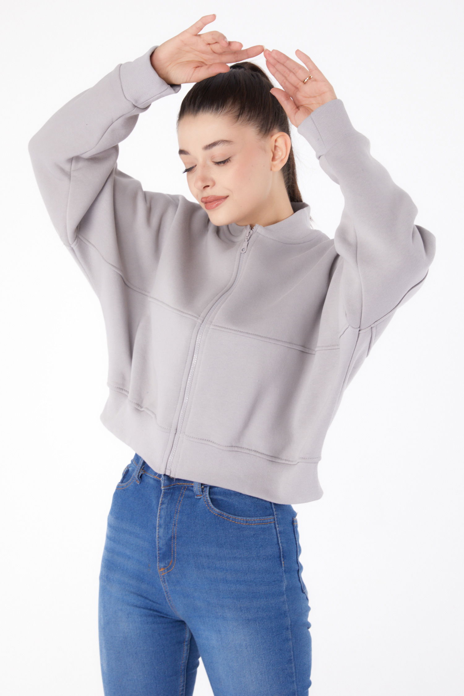 Düz Hakim Yaka Kadın Gri Fermuarlı Crop Sweatshirt - 26274 - 3
