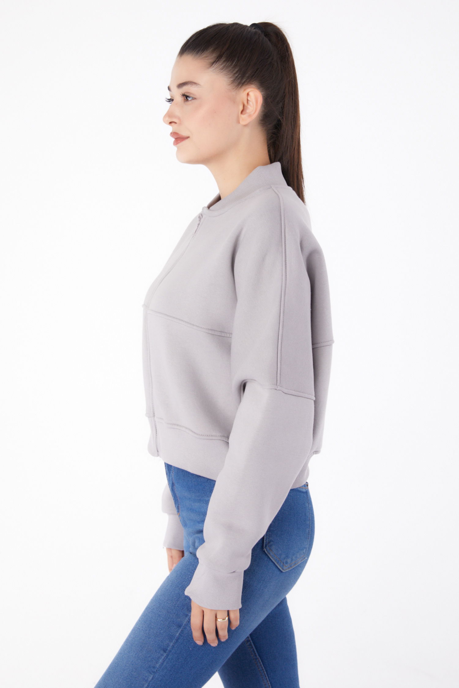 Düz Hakim Yaka Kadın Gri Fermuarlı Crop Sweatshirt - 26274 - 4