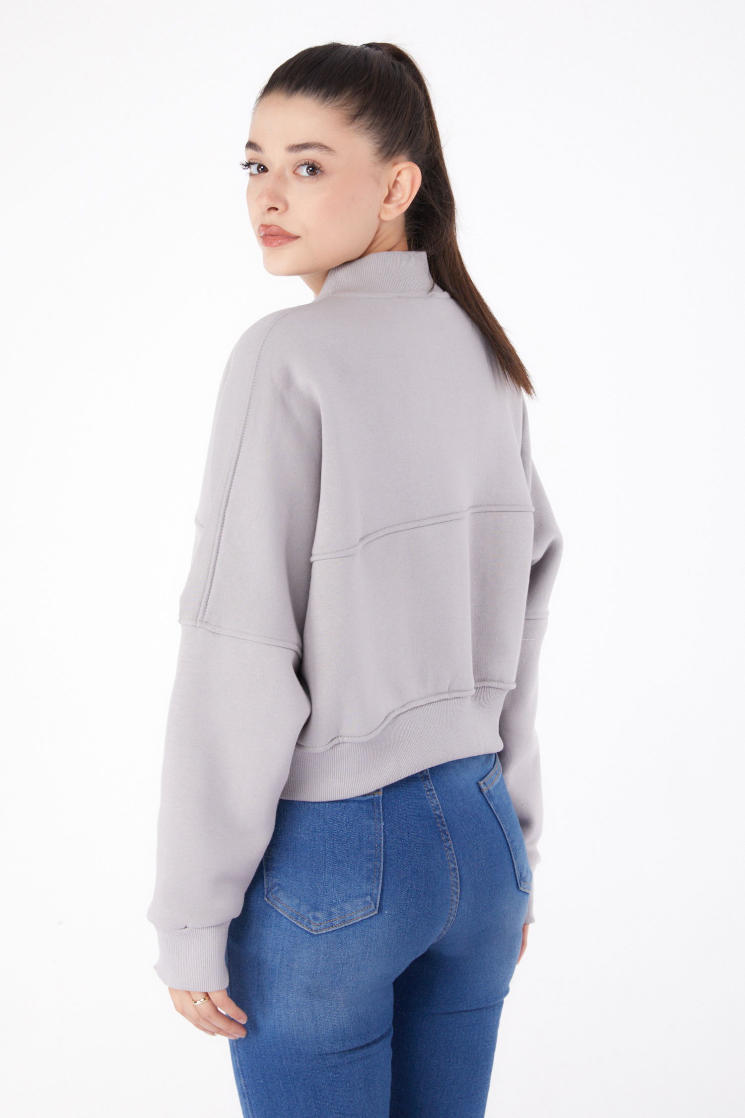 Düz Hakim Yaka Kadın Gri Fermuarlı Crop Sweatshirt - 26274 - 5