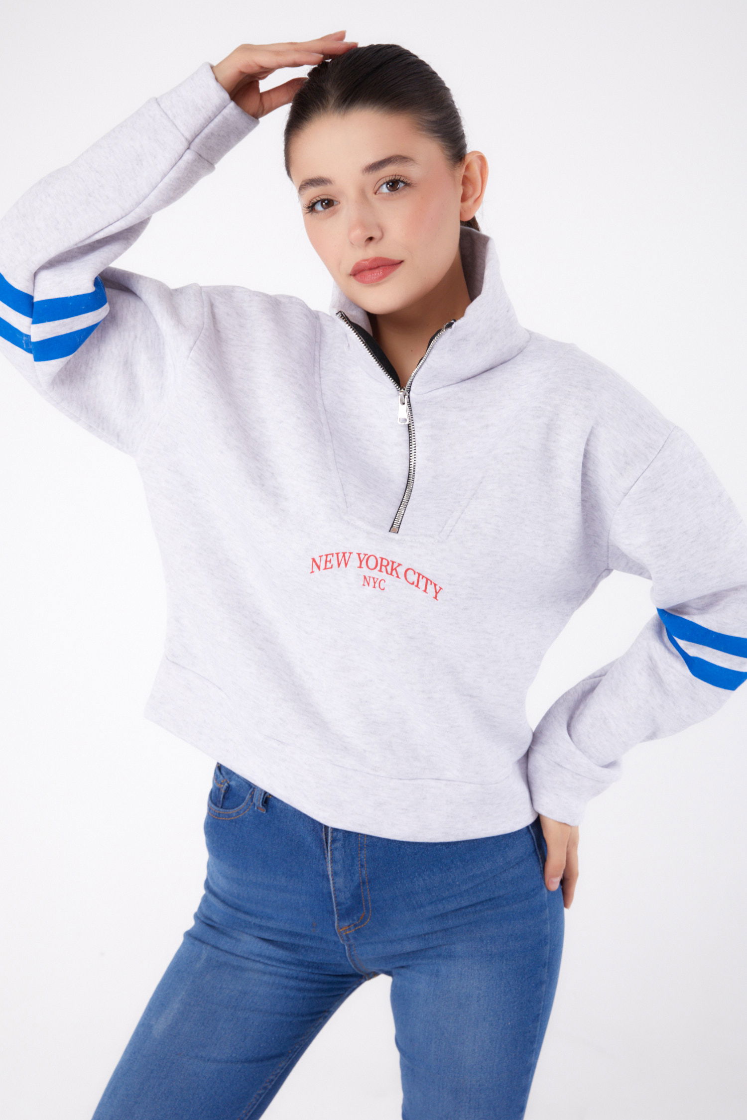 Fermuarlı sweatshirt Gri - 26381 - 3