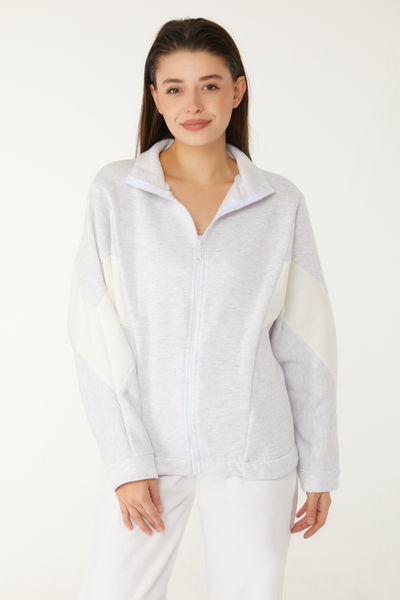 Düz Hakim Yaka Kadın Gri Fermuarlı sweatshirt - 26543 