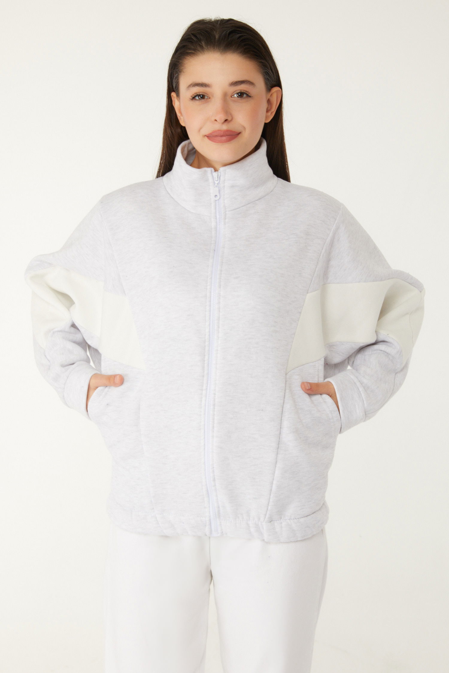 Düz Hakim Yaka Kadın Gri Fermuarlı sweatshirt - 26543 - 3