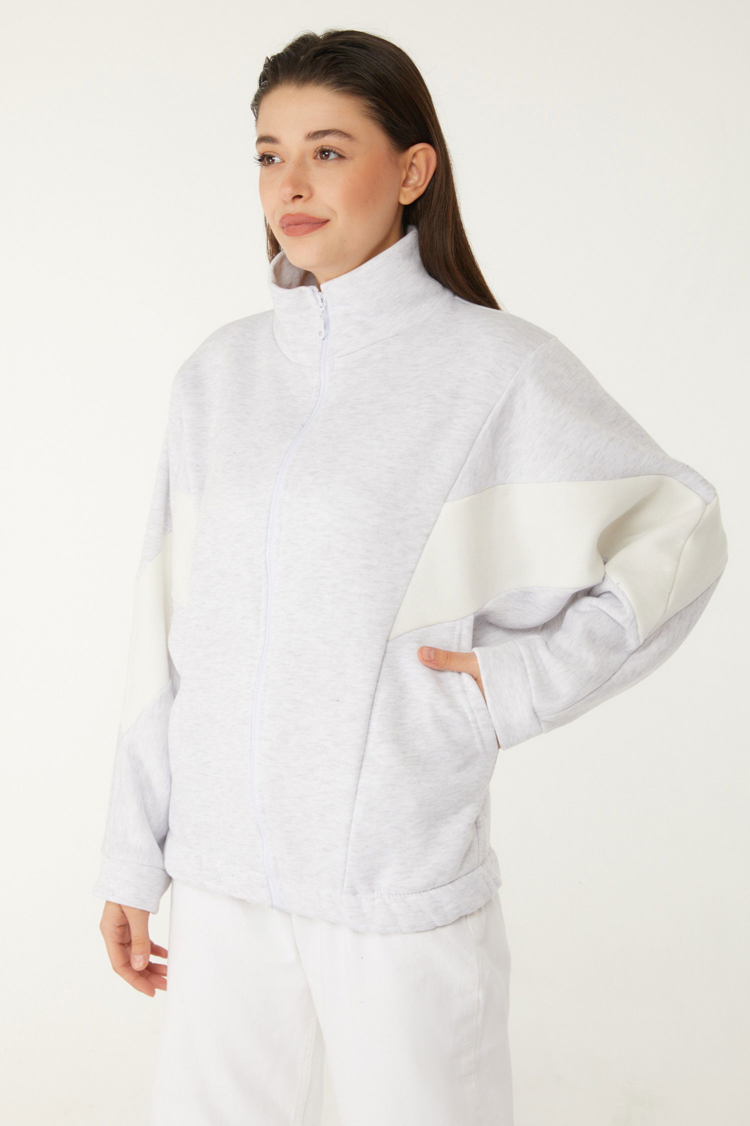Düz Hakim Yaka Kadın Gri Fermuarlı sweatshirt - 26543 - 4