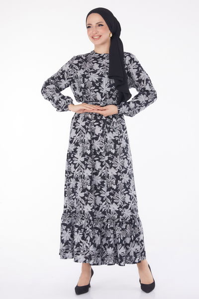 Kuşaklı Desenli Elbise Gri - 25799 