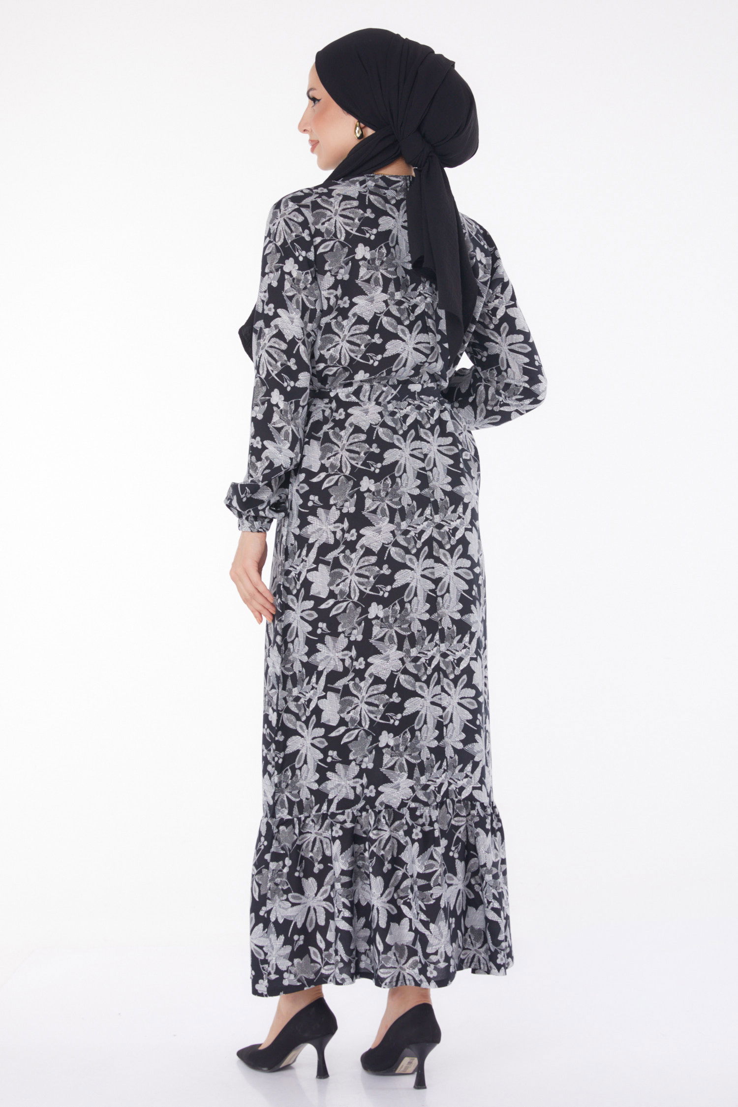 Kuşaklı Desenli Elbise Gri - 25799 - 5