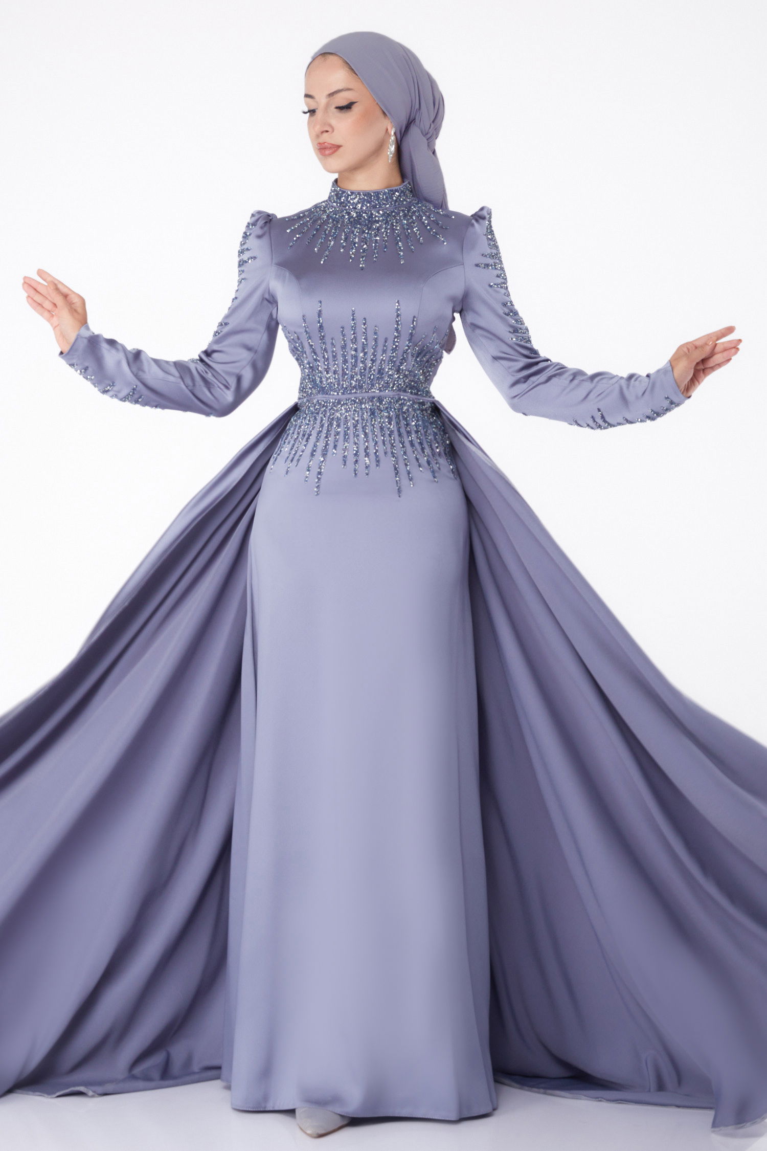 Düz Hakim Yaka Kadın Gri Taşlı Prenses Abiye Elbise - 26254 - 1