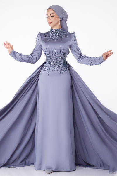 Düz Hakim Yaka Kadın Gri Taşlı Prenses Abiye Elbise - 26254 