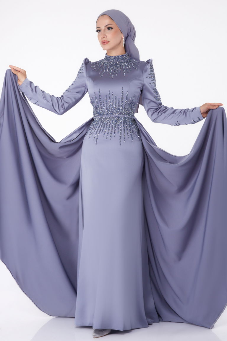 Düz Hakim Yaka Kadın Gri Taşlı Prenses Abiye Elbise - 26254 - TOFİSA