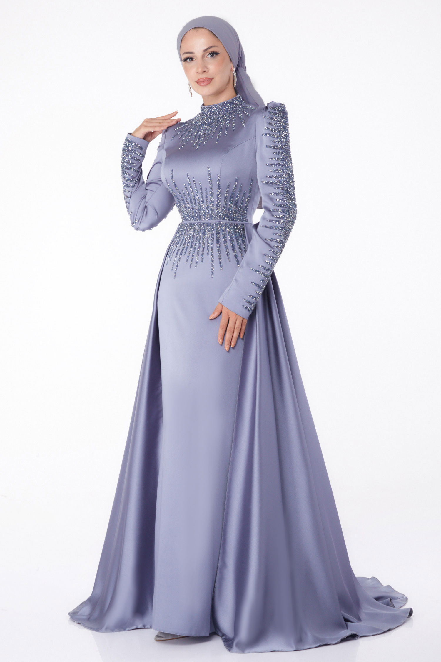 Düz Hakim Yaka Kadın Gri Taşlı Prenses Abiye Elbise - 26254 - 3