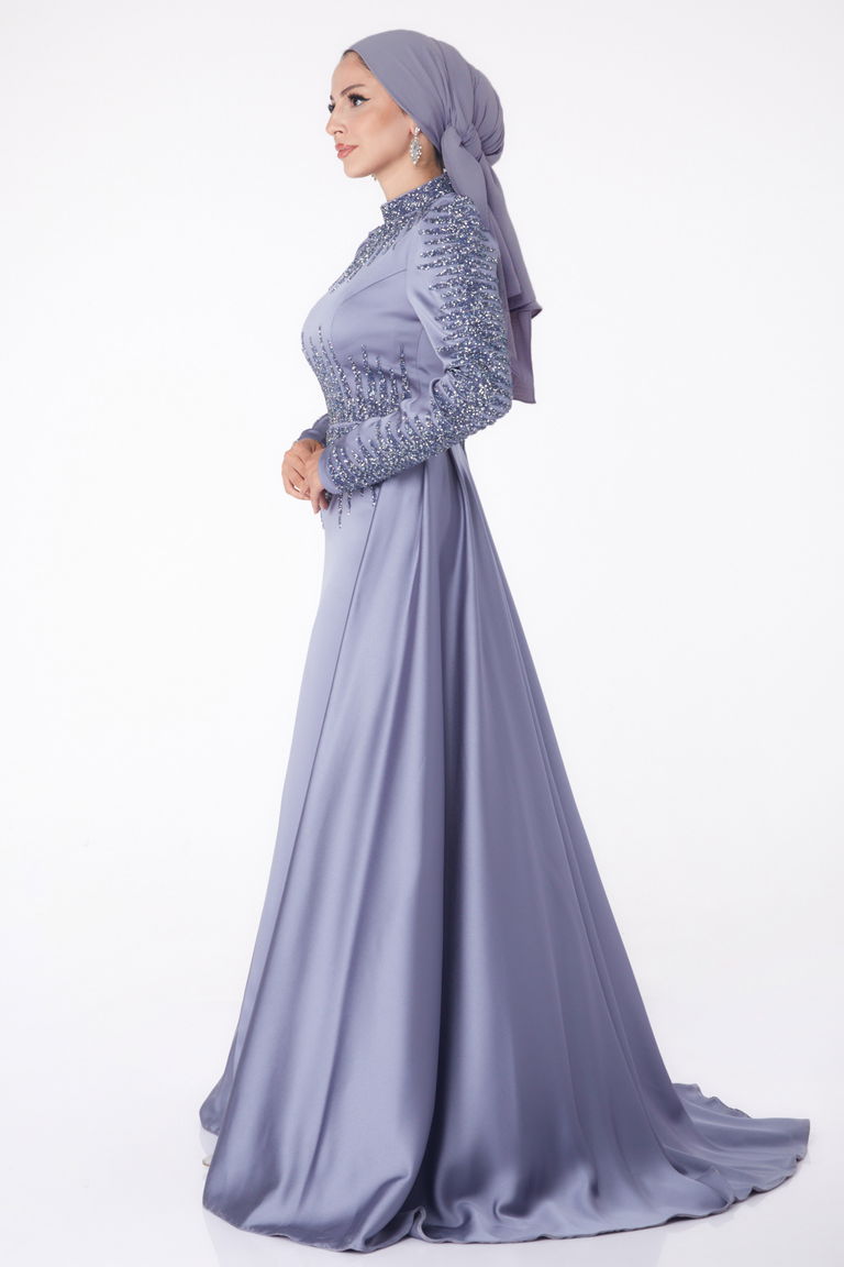 Düz Hakim Yaka Kadın Gri Taşlı Prenses Abiye Elbise - 26254 - TOFİSA