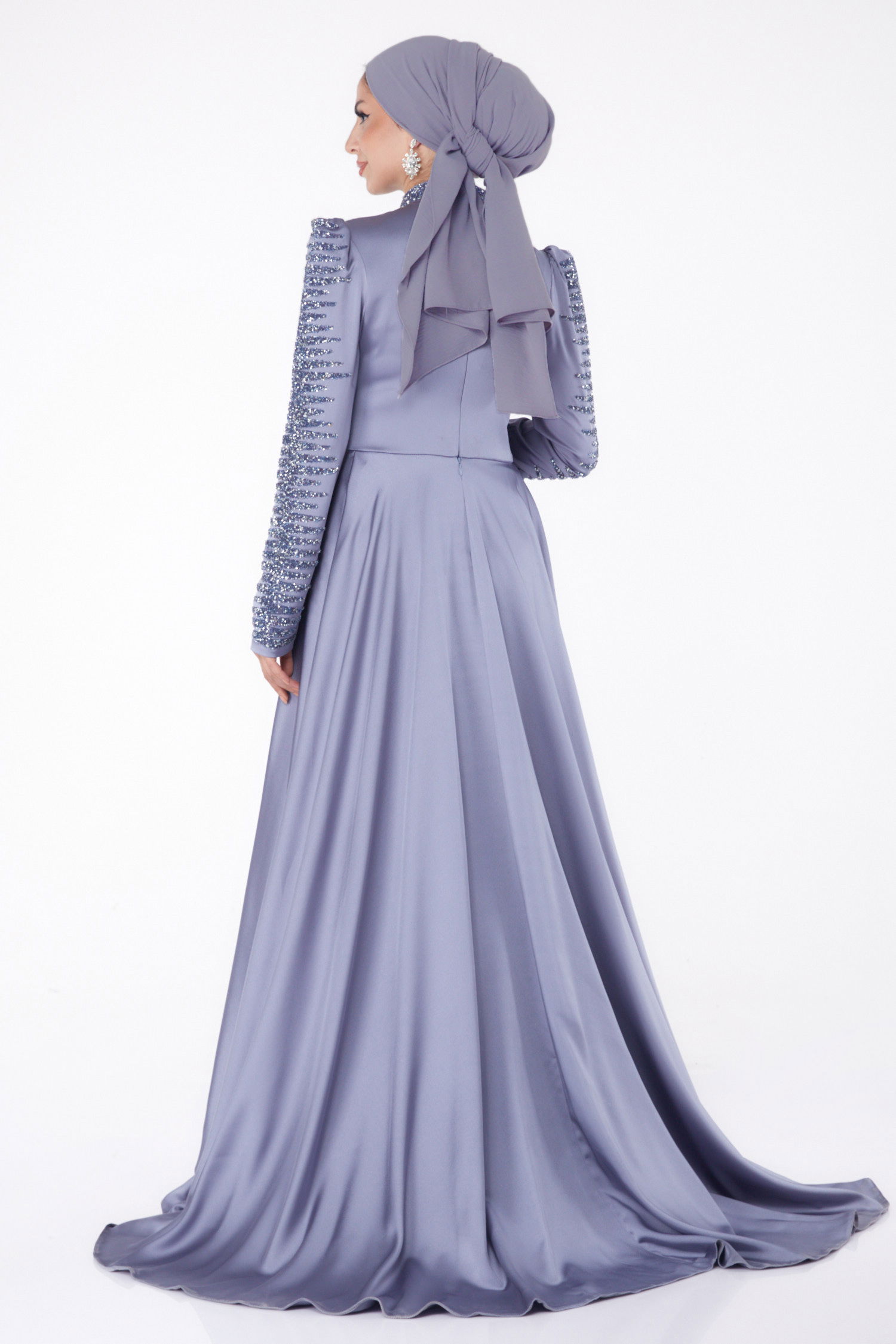 Düz Hakim Yaka Kadın Gri Taşlı Prenses Abiye Elbise - 26254 - 6