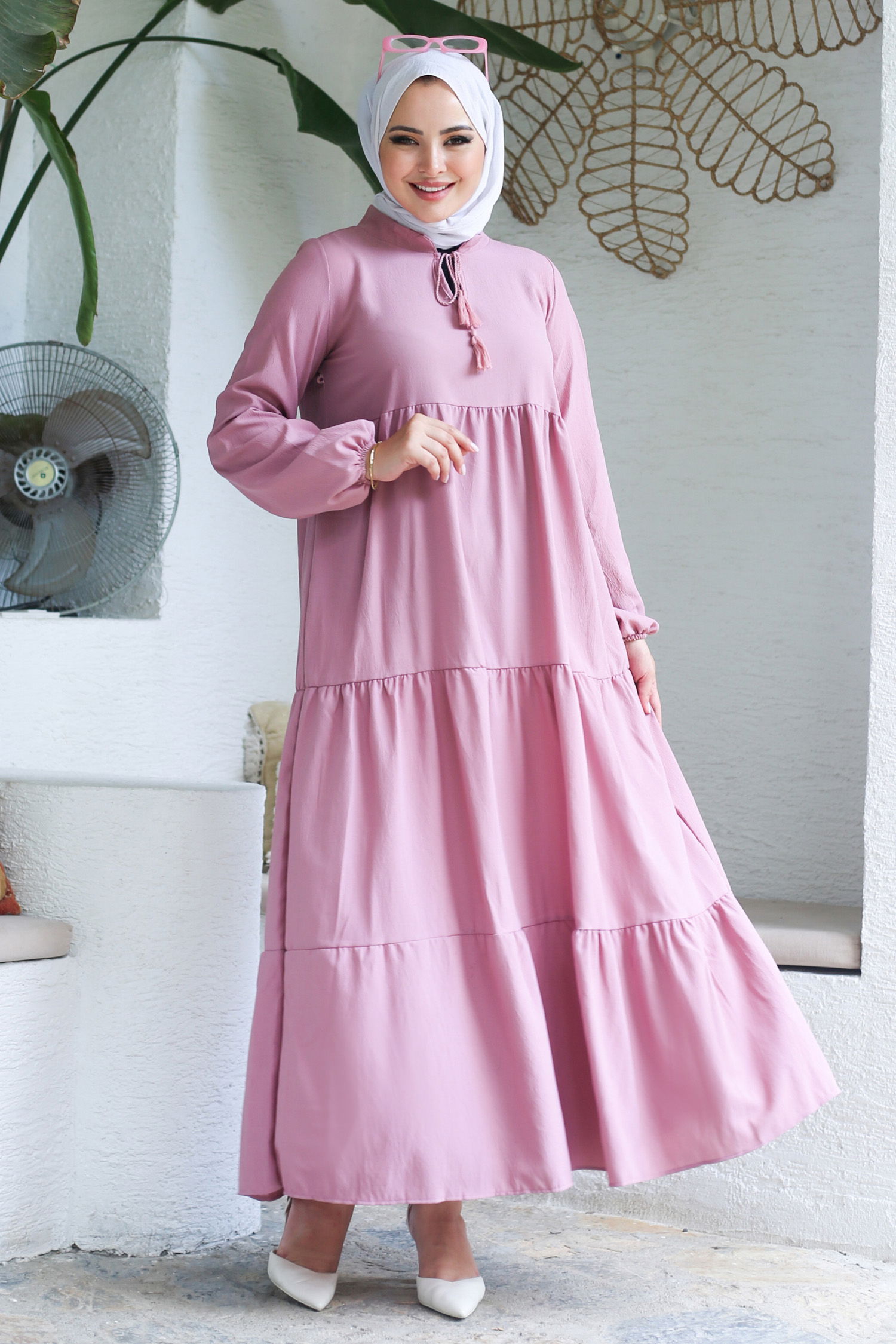 Büzgülü Bağcık Detaylı Elbise Gül - 13145 - 3