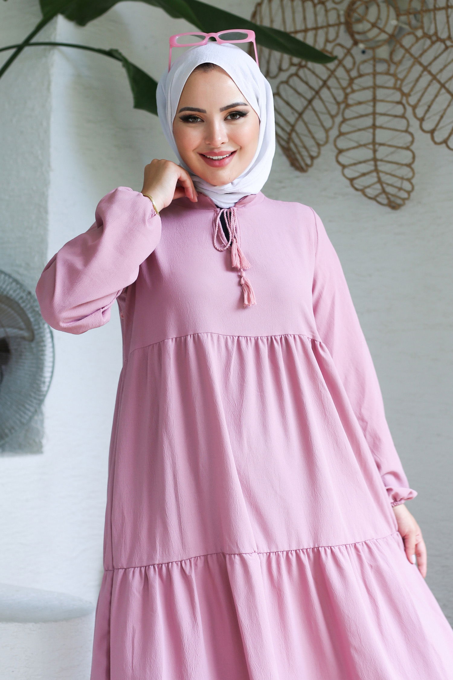 Büzgülü Bağcık Detaylı Elbise Gül - 13145 - 4