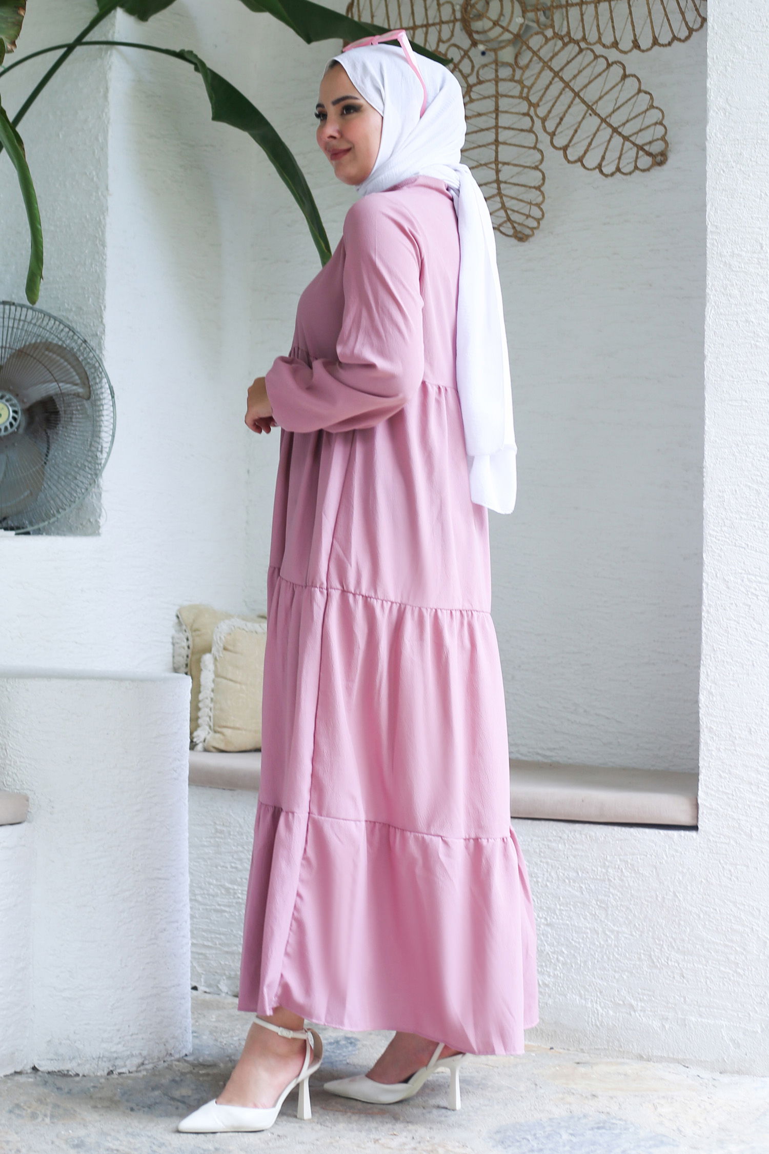 Büzgülü Bağcık Detaylı Elbise Gül - 13145 - 5