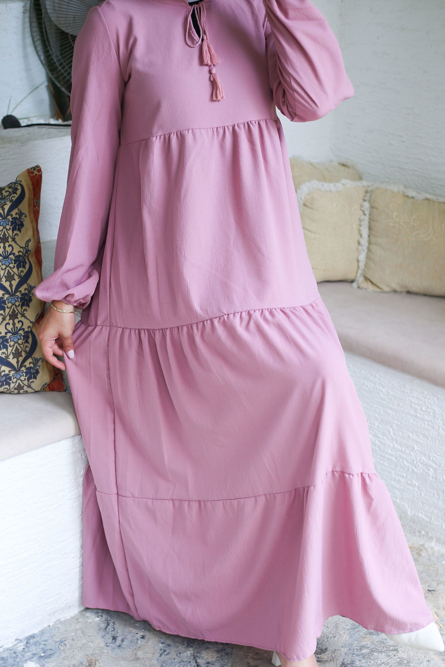 Büzgülü Bağcık Detaylı Elbise Gül - 13145 - 6