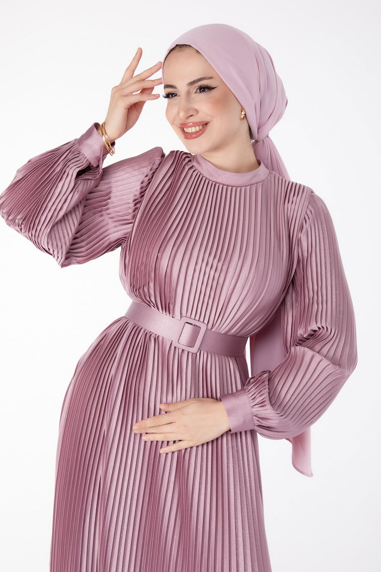 Düz Hakim Yaka Kadın Gül Pliseli Abiye Elbise - 25458 - TOFİSA