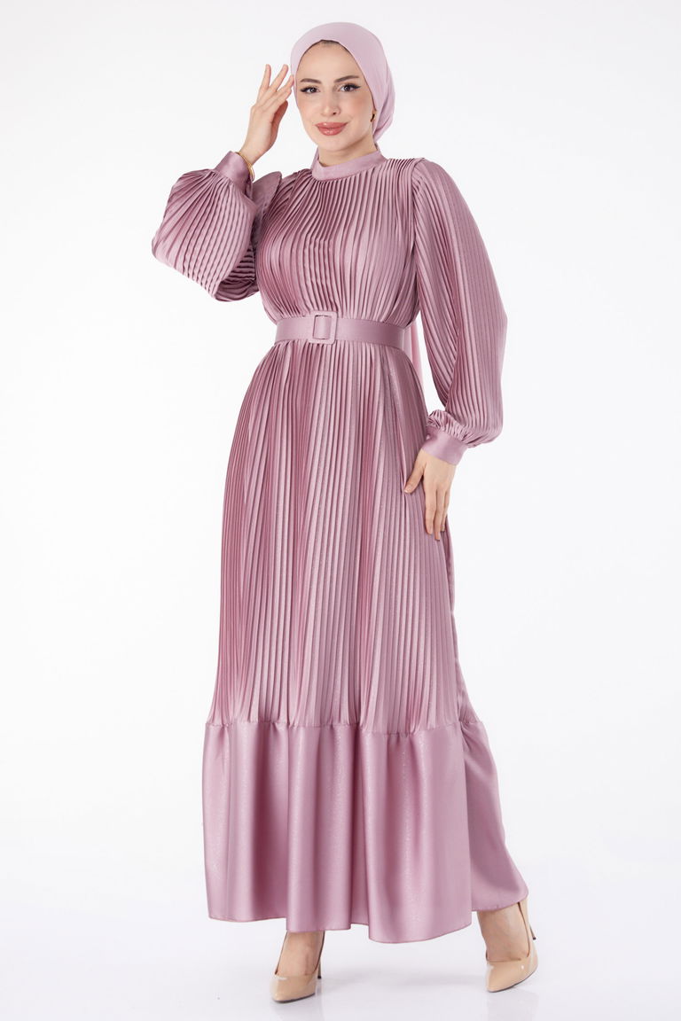 Düz Hakim Yaka Kadın Gül Pliseli Abiye Elbise - 25458 - TOFİSA