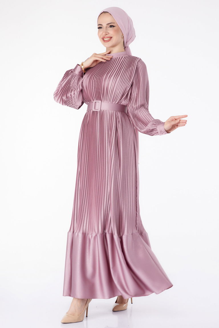 Düz Hakim Yaka Kadın Gül Pliseli Abiye Elbise - 25458 - TOFİSA