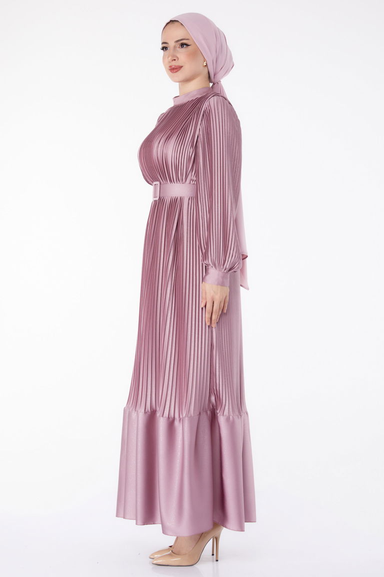 Düz Hakim Yaka Kadın Gül Pliseli Abiye Elbise - 25458 - TOFİSA