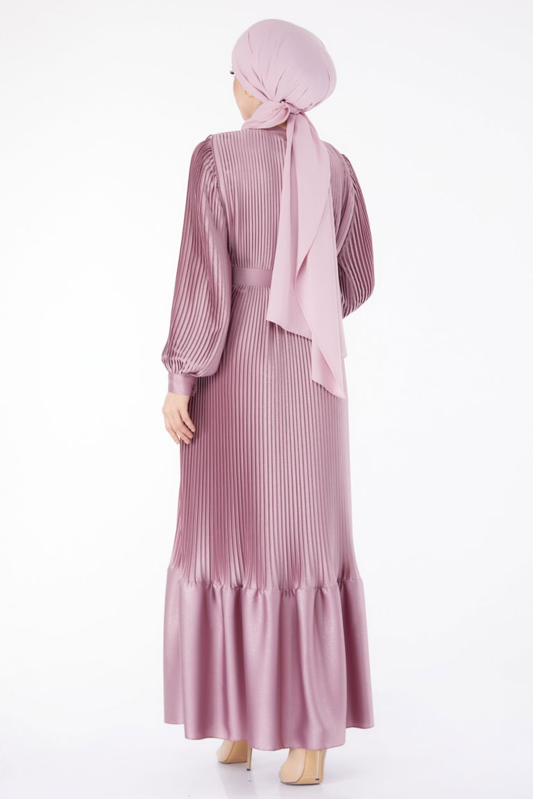 Düz Hakim Yaka Kadın Gül Pliseli Abiye Elbise - 25458 - TOFİSA