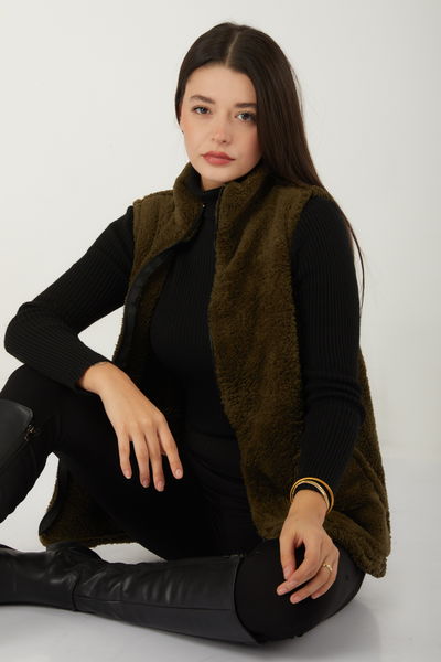 Düz Hakim Yaka Kadın Haki Peluş Yelek - 13356 
