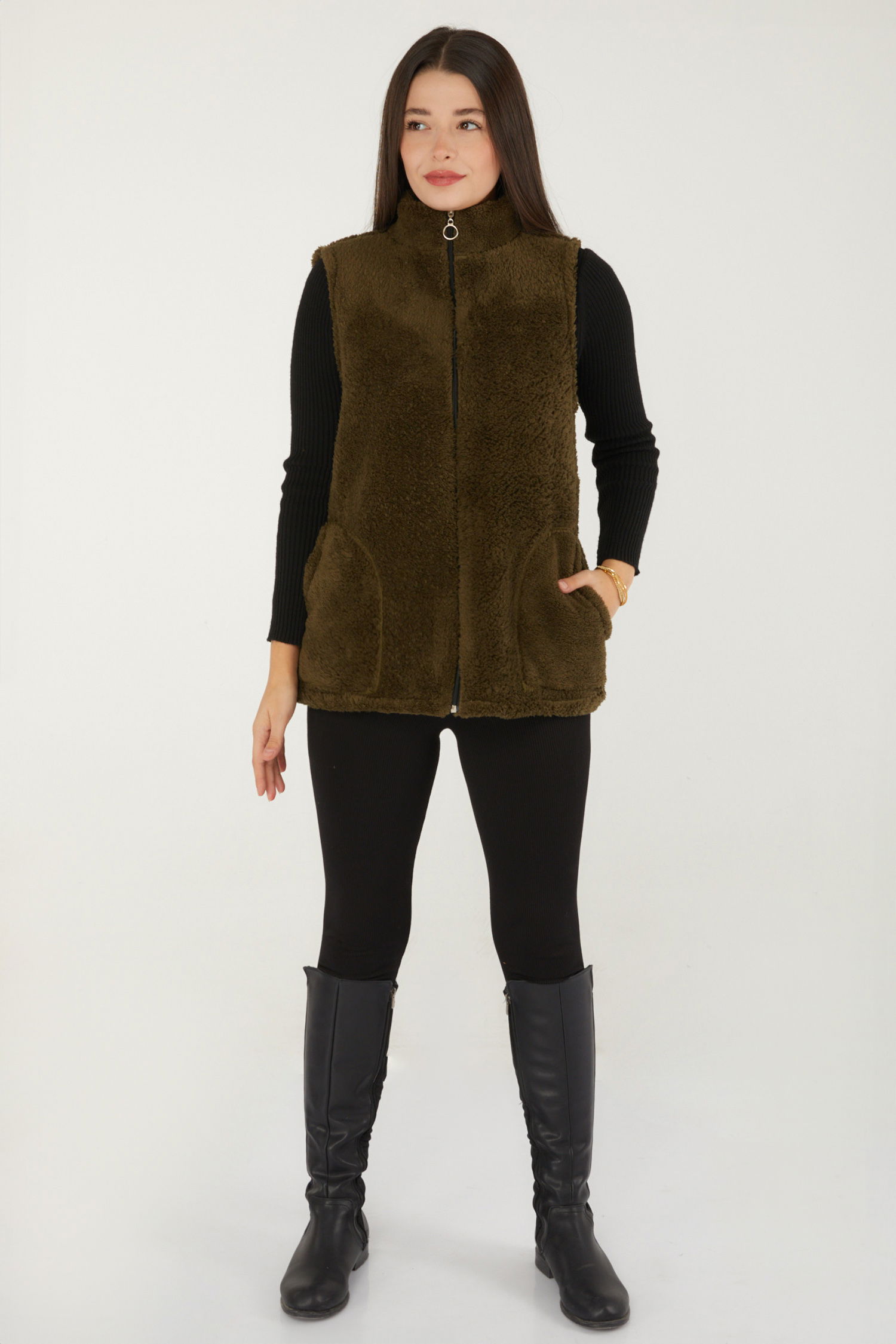 Düz Hakim Yaka Kadın Haki Peluş Yelek - 13356 - 2