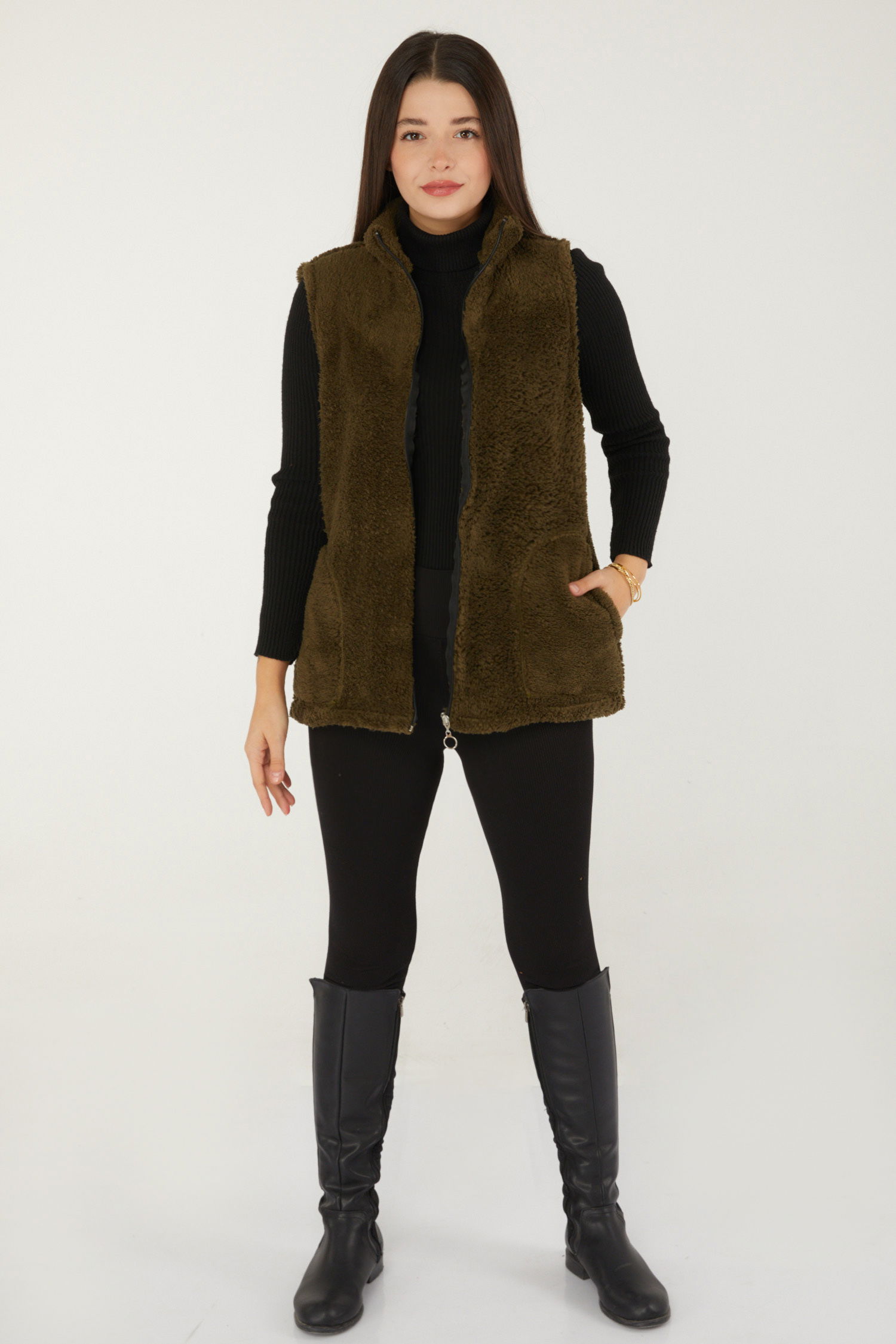 Düz Hakim Yaka Kadın Haki Peluş Yelek - 13356 - 3