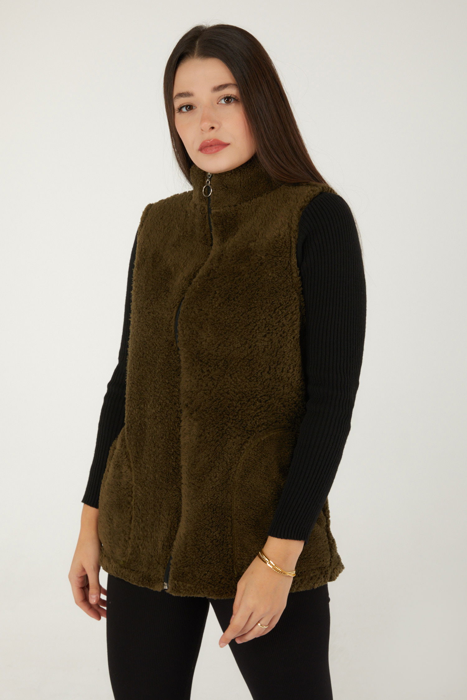 Düz Hakim Yaka Kadın Haki Peluş Yelek - 13356 - 4