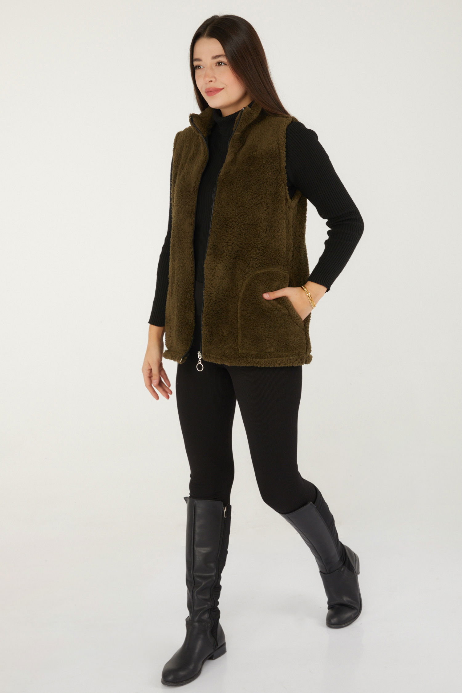 Düz Hakim Yaka Kadın Haki Peluş Yelek - 13356 - 5