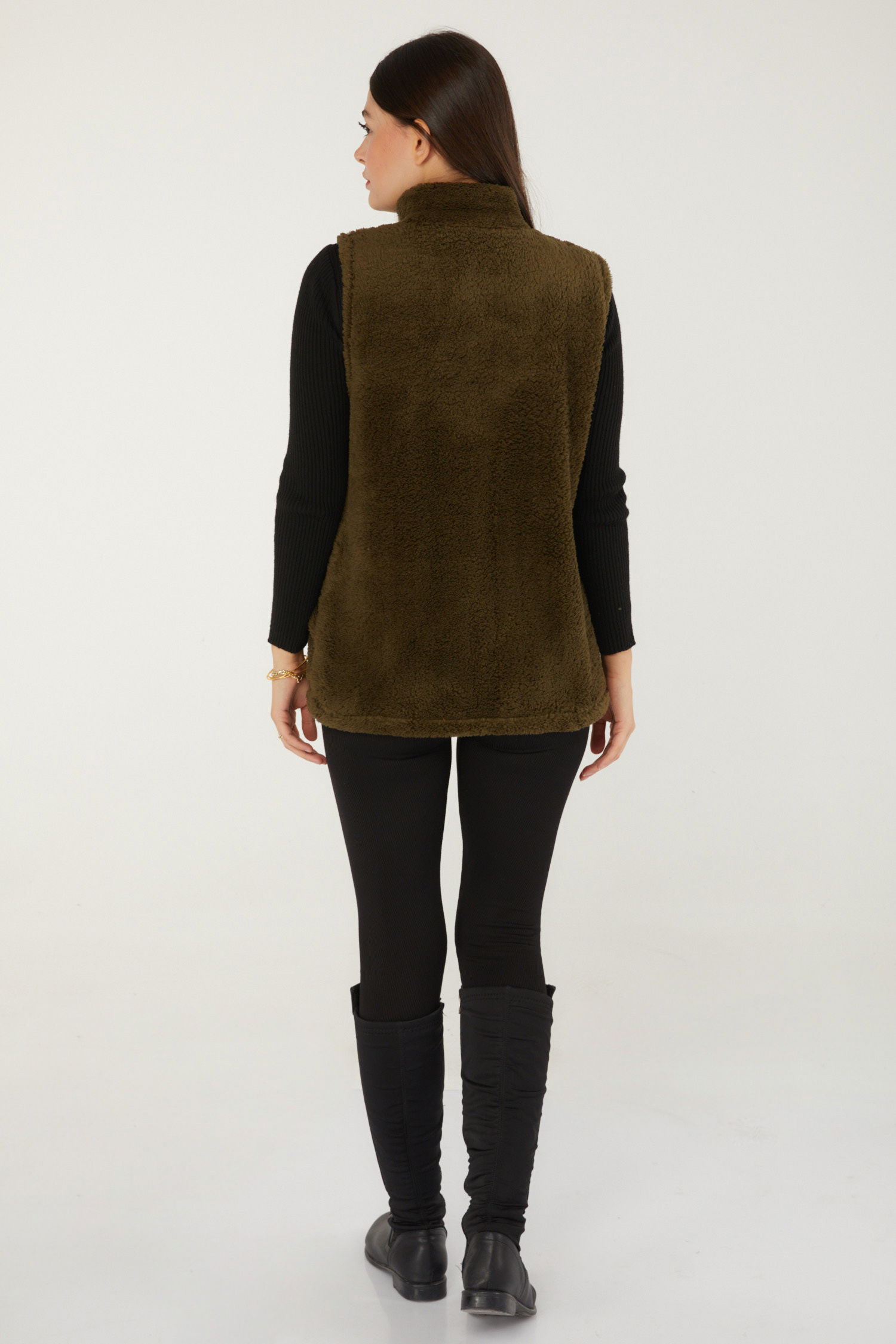 Düz Hakim Yaka Kadın Haki Peluş Yelek - 13356 - 6