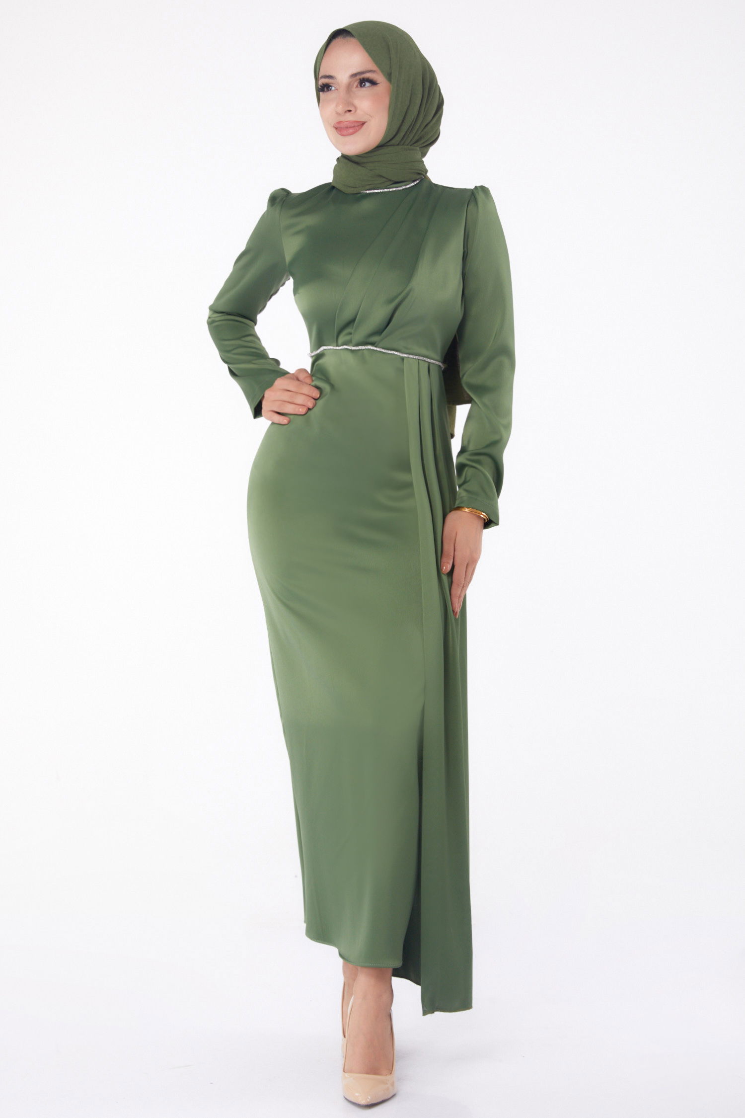 Taşlı Abiye Elbise Haki - 26206 - 1