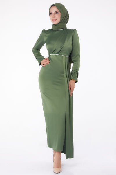 Taşlı Abiye Elbise Haki - 26206 