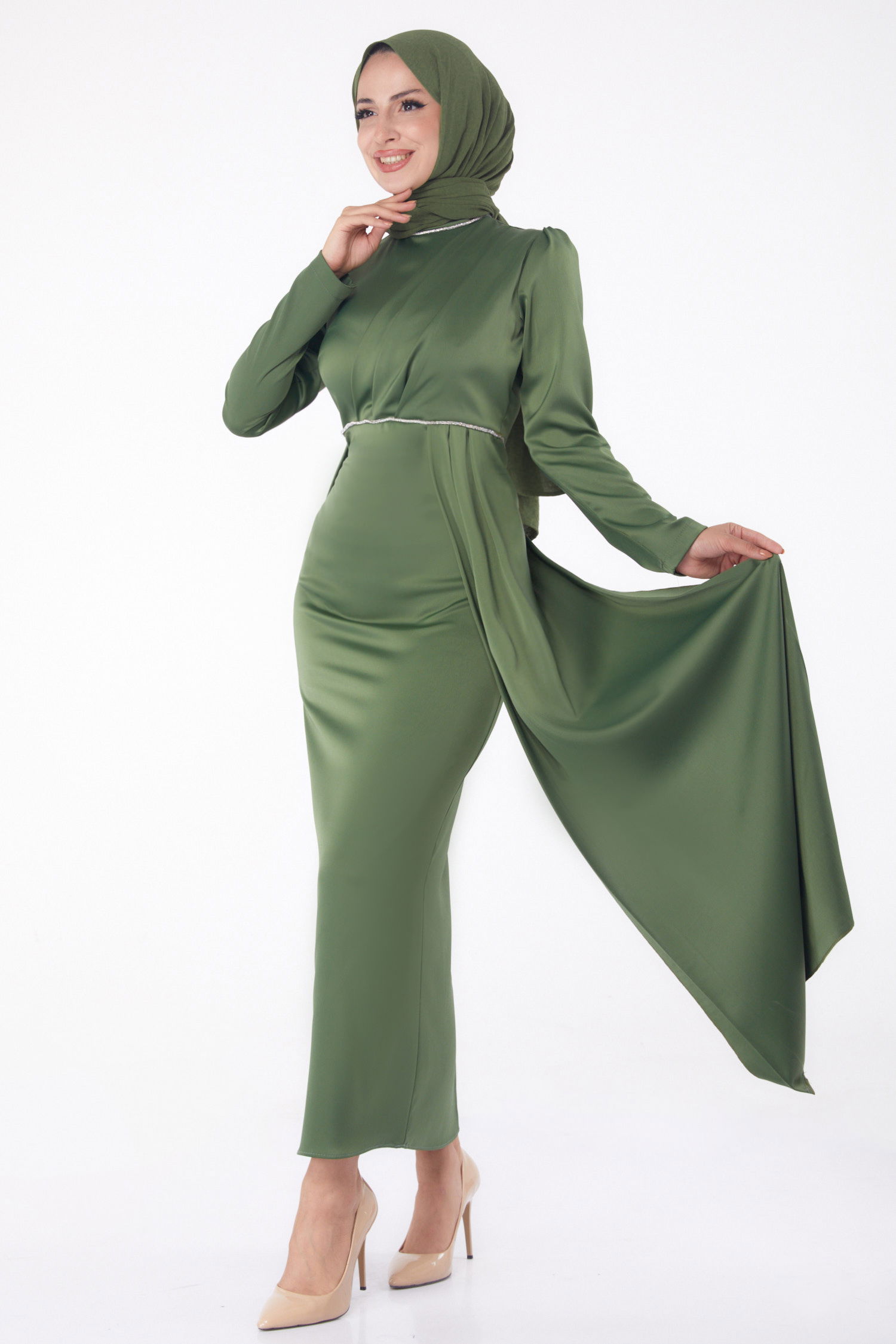 Taşlı Abiye Elbise Haki - 26206 - 2