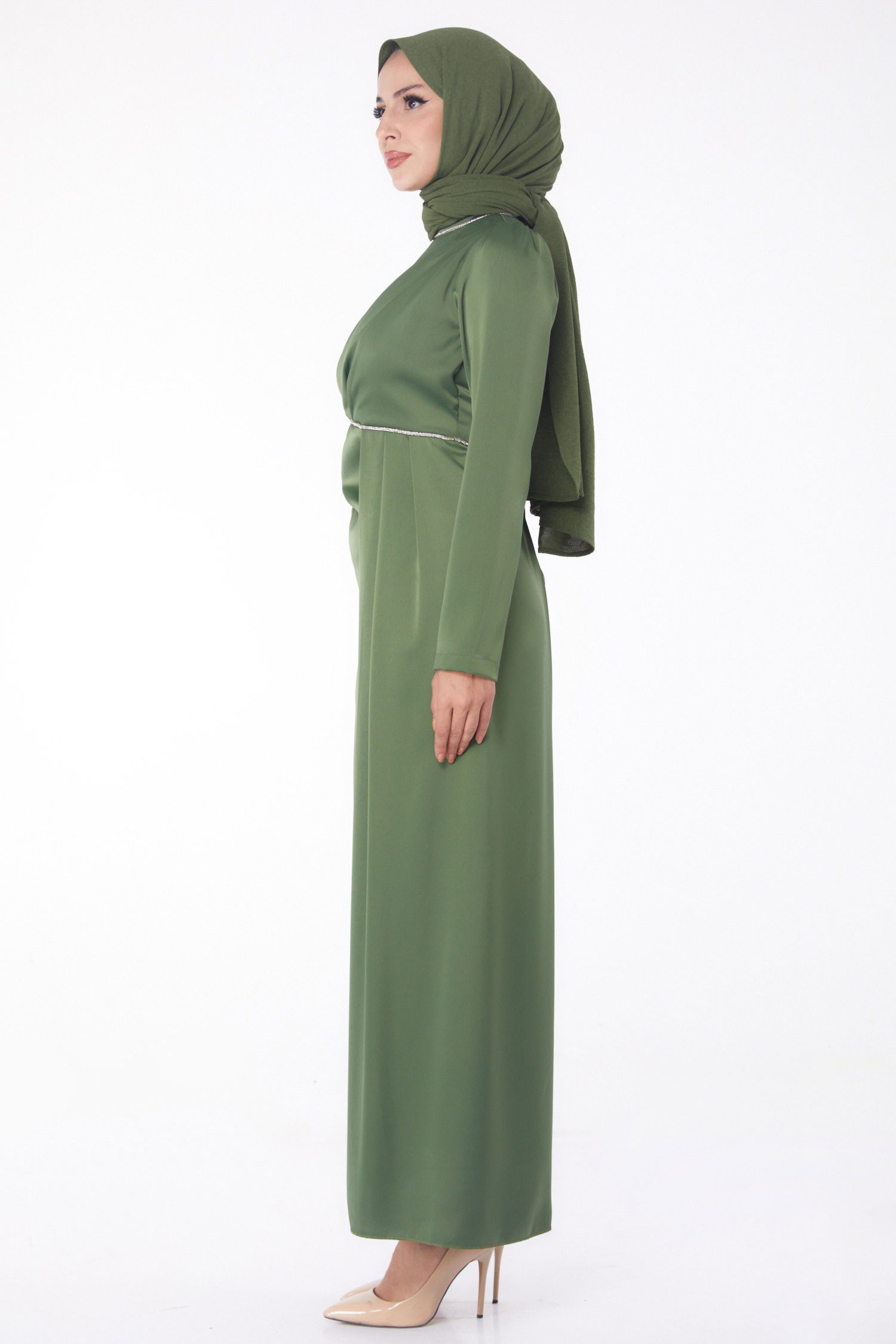 Taşlı Abiye Elbise Haki - 26206 - 4