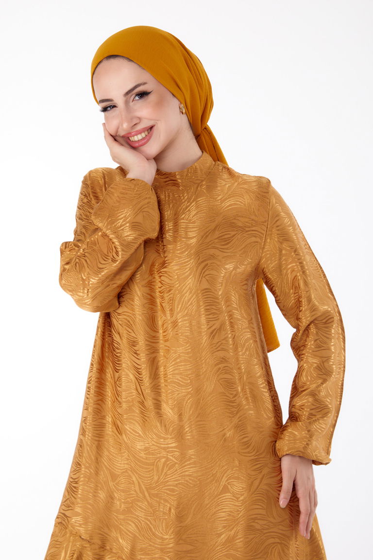 Düz Hakim Yaka Kadın Hardal Fırfır Detaylı Elbise - 25602 - TOFİSA