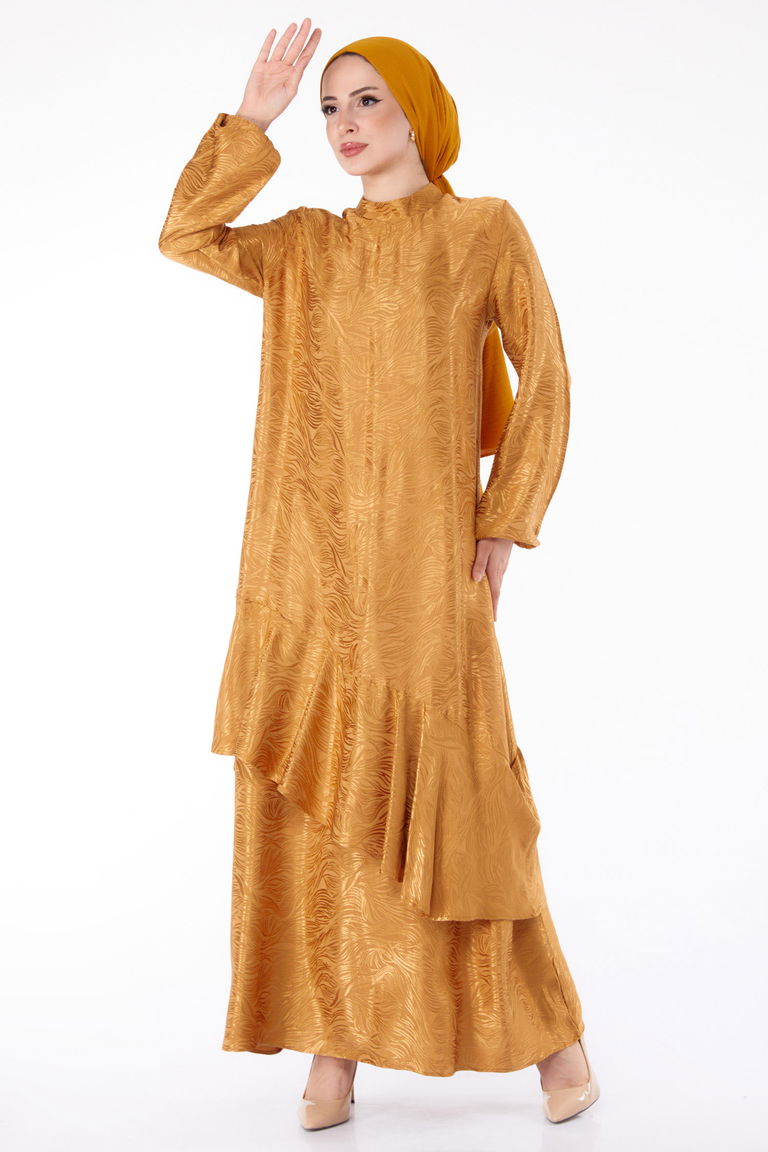 Düz Hakim Yaka Kadın Hardal Fırfır Detaylı Elbise - 25602 - TOFİSA