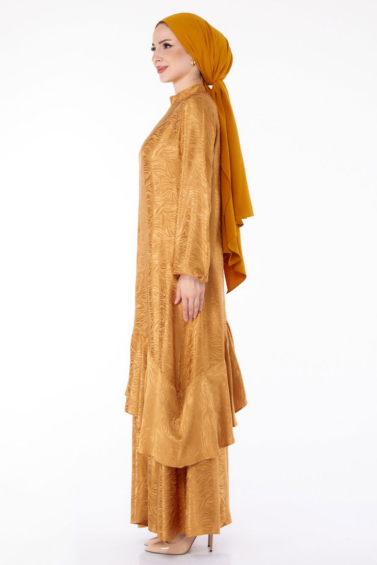 Düz Hakim Yaka Kadın Hardal Fırfır Detaylı Elbise - 25602 - TOFİSA