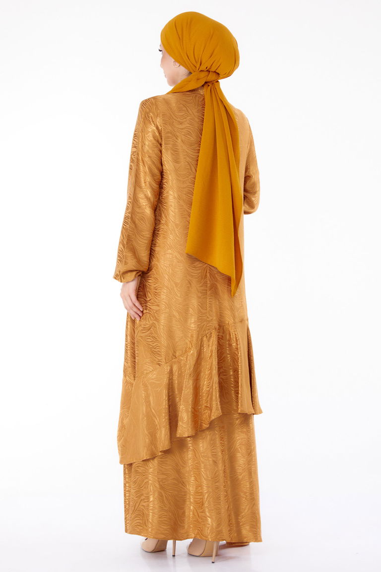 Düz Hakim Yaka Kadın Hardal Fırfır Detaylı Elbise - 25602 - TOFİSA