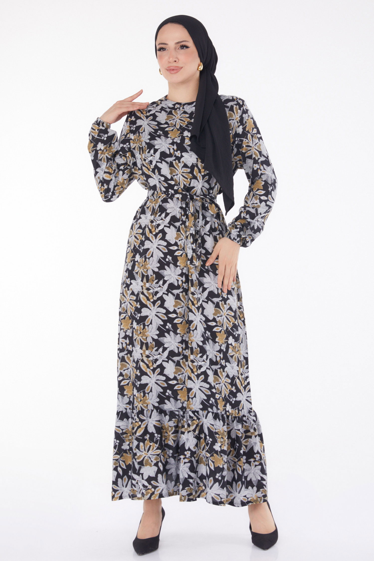 Kuşaklı Desenli Elbise Hardal - 25799 - 3